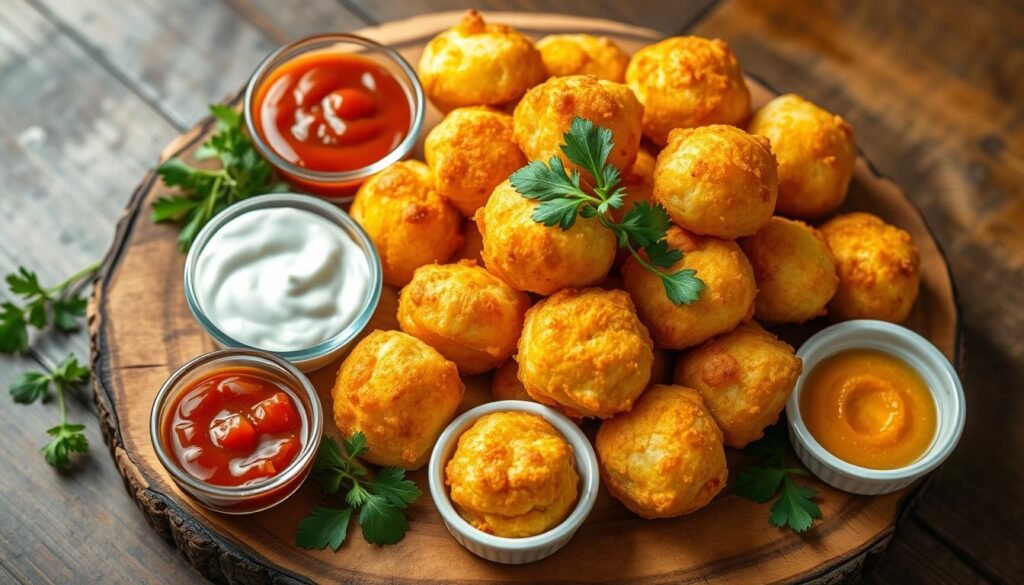 Serving cheese puffs with dips and sauces
