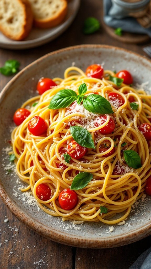 A delicious plate of spaghetti with garlic, cherry tomatoes, and basil, garnished with Parmesan cheese on a wooden table.