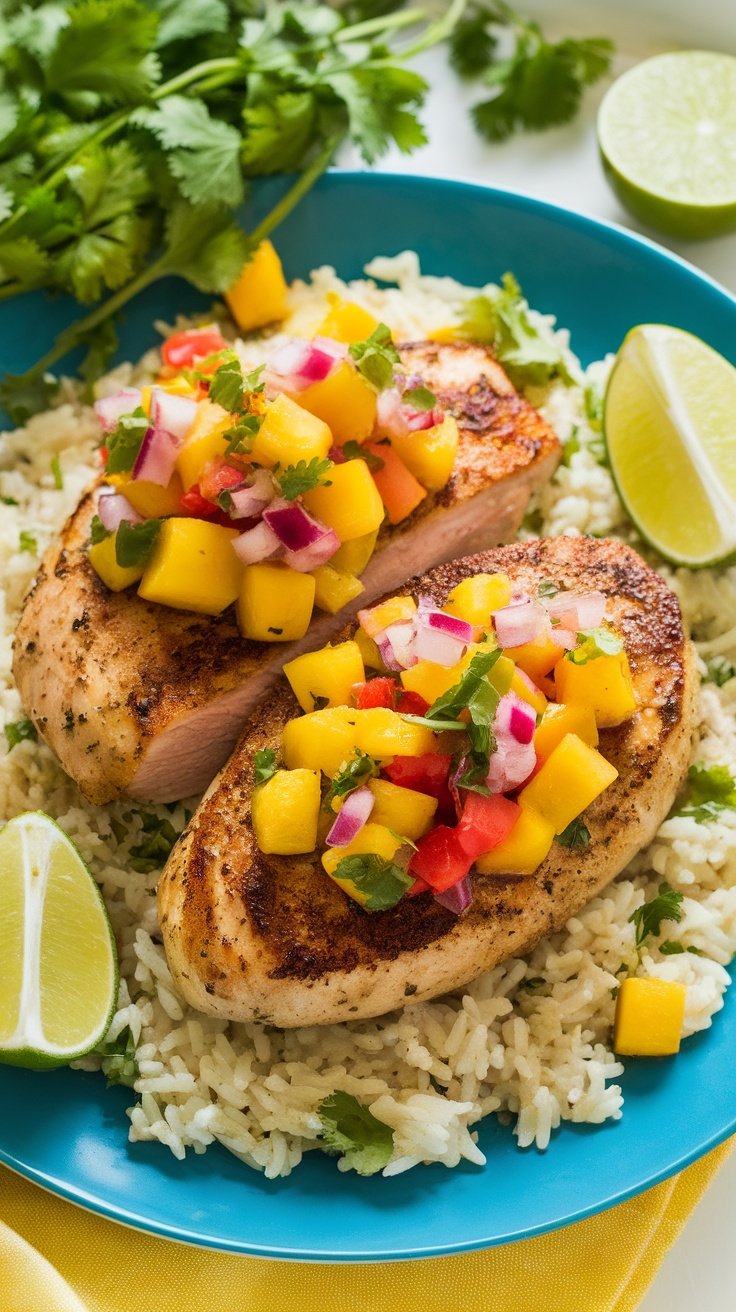 Seared chicken topped with mango salsa on cilantro lime rice, garnished with lime wedges and cilantro.