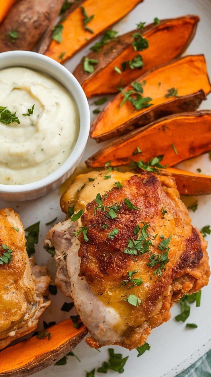 Crispy chicken thighs served with roasted sweet potato wedges and garlic aioli in a vibrant dinner setting.