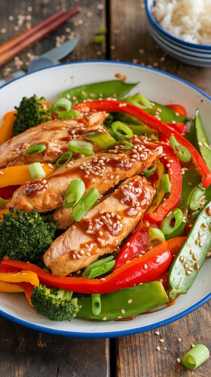 One-pan chicken and vegetable stir-fry with sesame sauce, served with rice, garnished with green onions and sesame seeds.