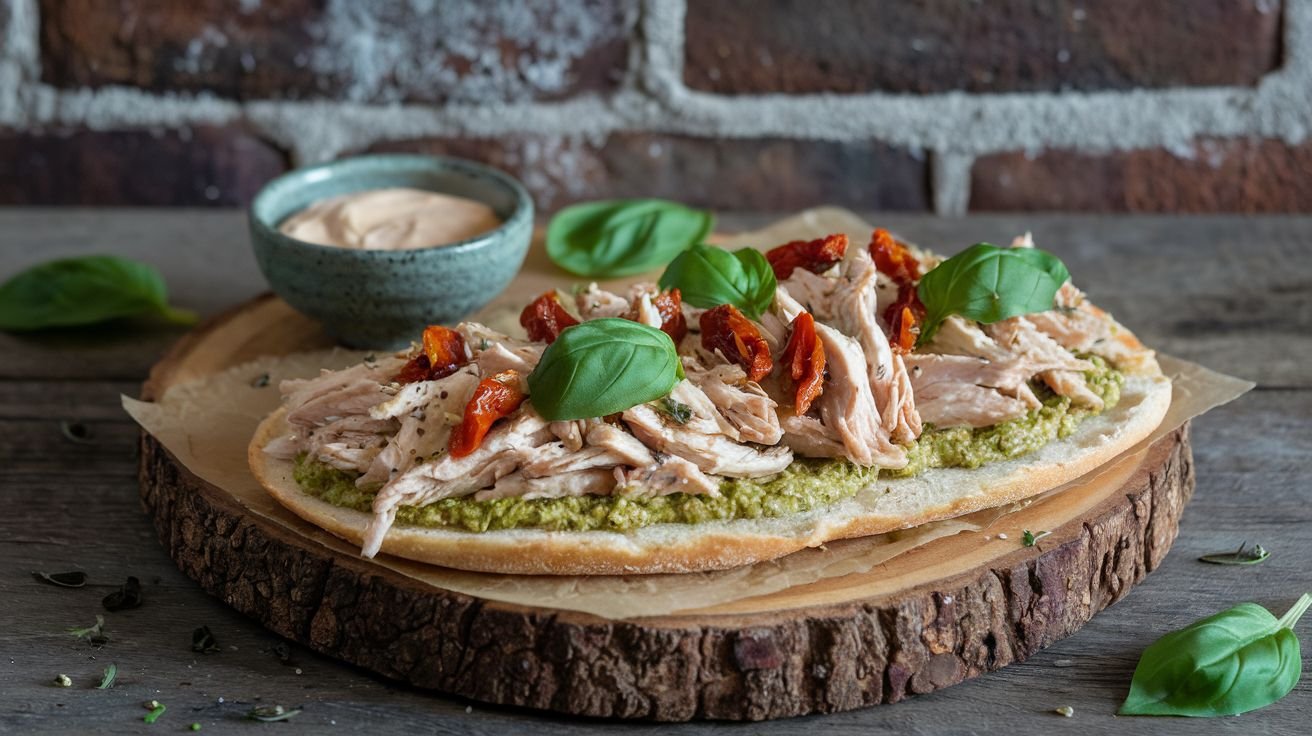 A rustic wooden board on which a Shredded Chicken Pesto And Sun-Dried Tomato Flatbread dish is presented. The dish has a thin crust topped with a green sauce, shredded chicken, sun-dried tomatoes, and fresh basil leaves.