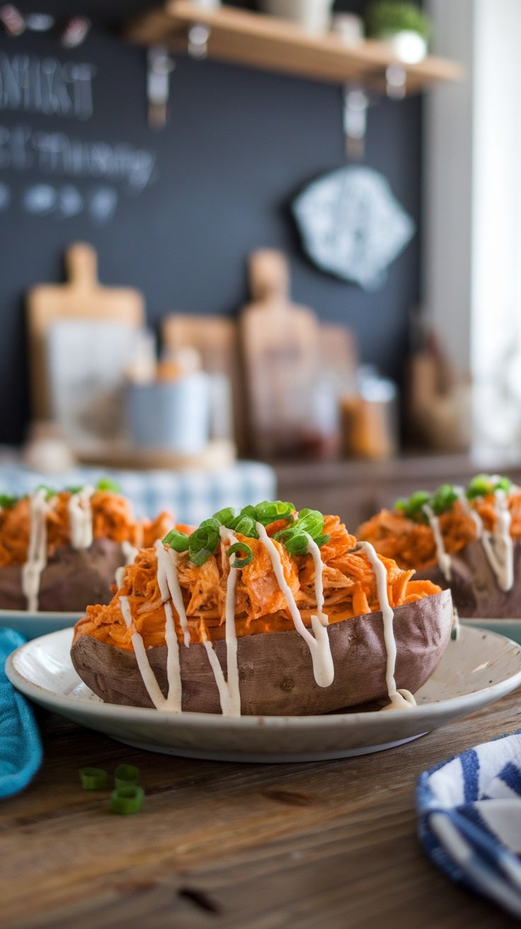 Buffalo shredded chicken loaded sweet potatoes topped with ranch dressing and green onions.