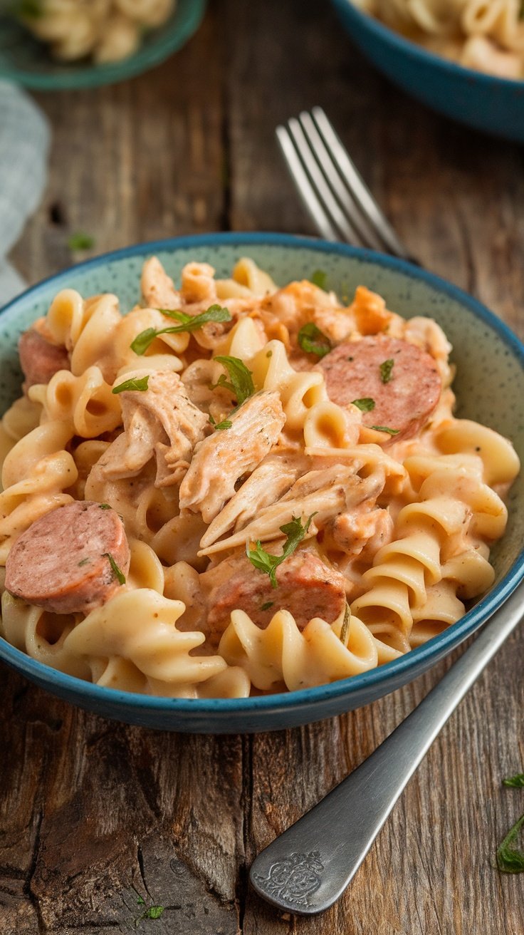 A bowl of creamy Cajun shredded chicken and sausage pasta with rotini noodles.