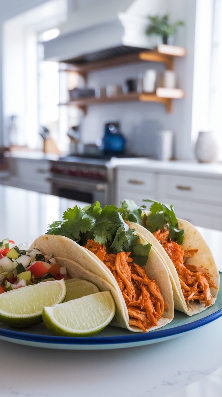 Plate of honey sriracha shredded chicken tacos garnished with cilantro and lime