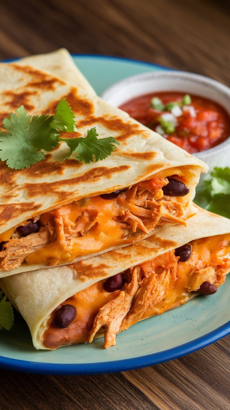 Delicious Mexican Shredded Chicken and Black Bean Quesadillas served with salsa
