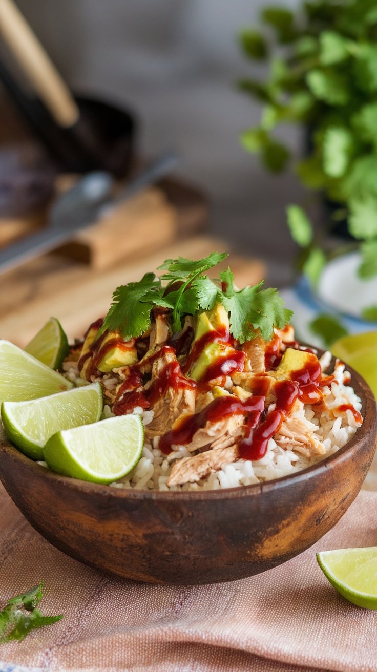 A healthy bowl of shredded chicken, avocado, and lime rice topped with BBQ sauce.