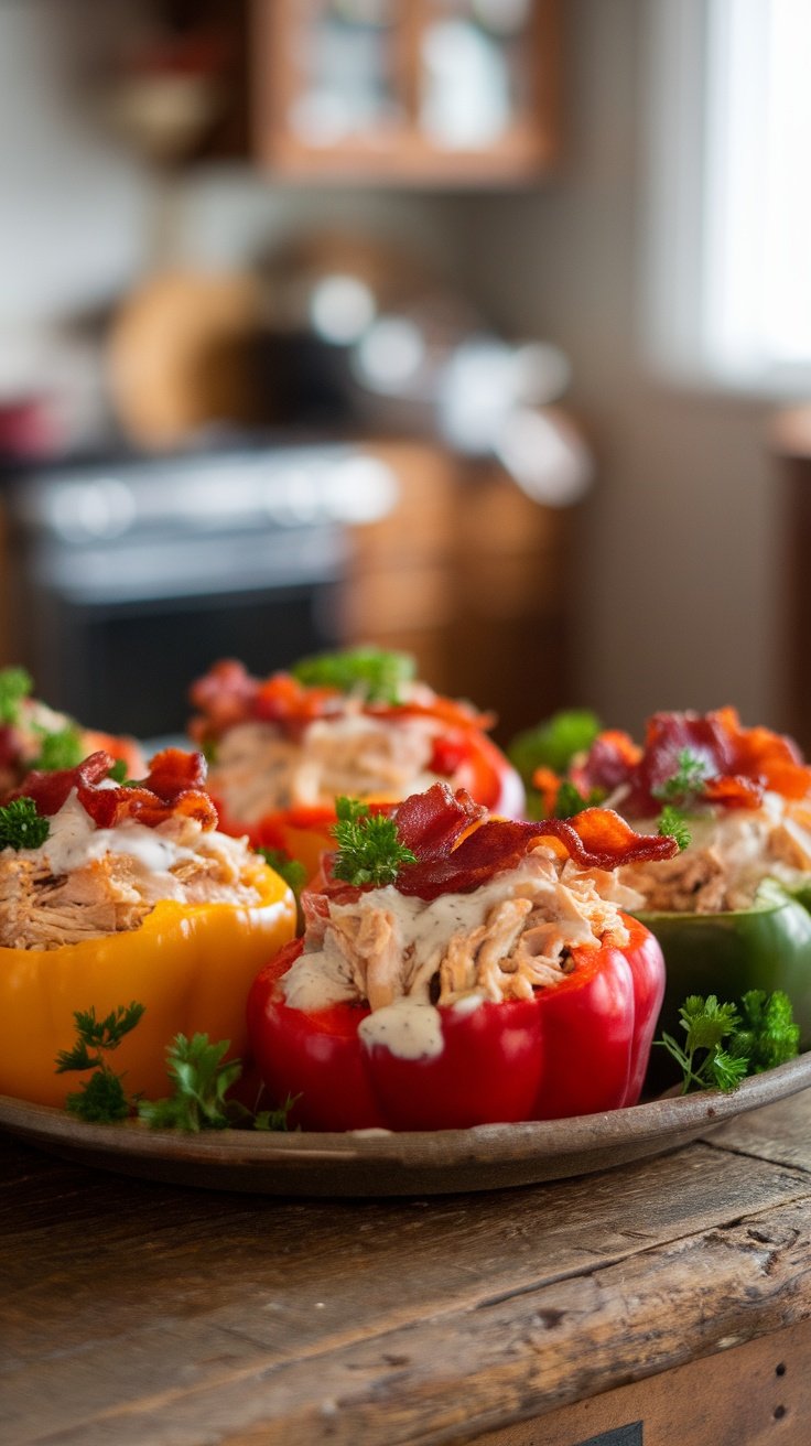 A plate of colorful stuffed bell peppers filled with shredded chicken, bacon, and ranch dressing.