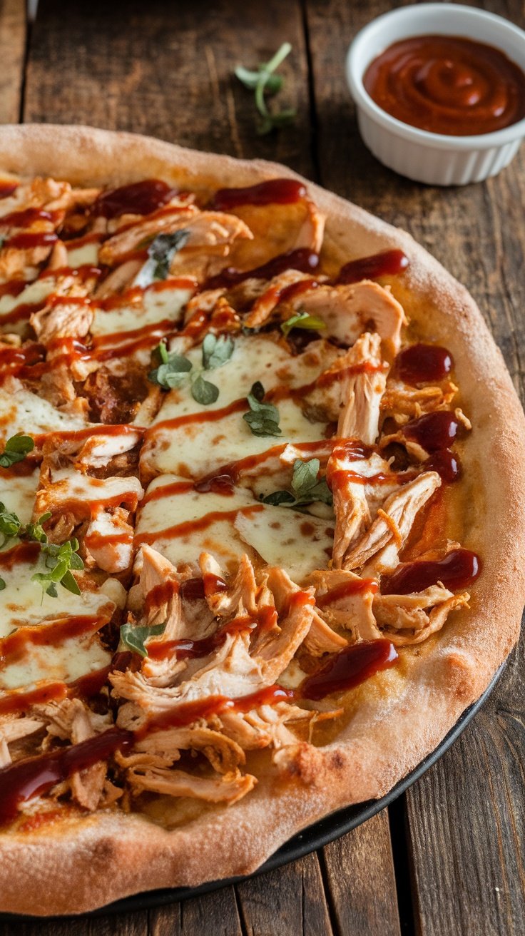 BBQ pizza topped with shredded chicken and caramelized onions