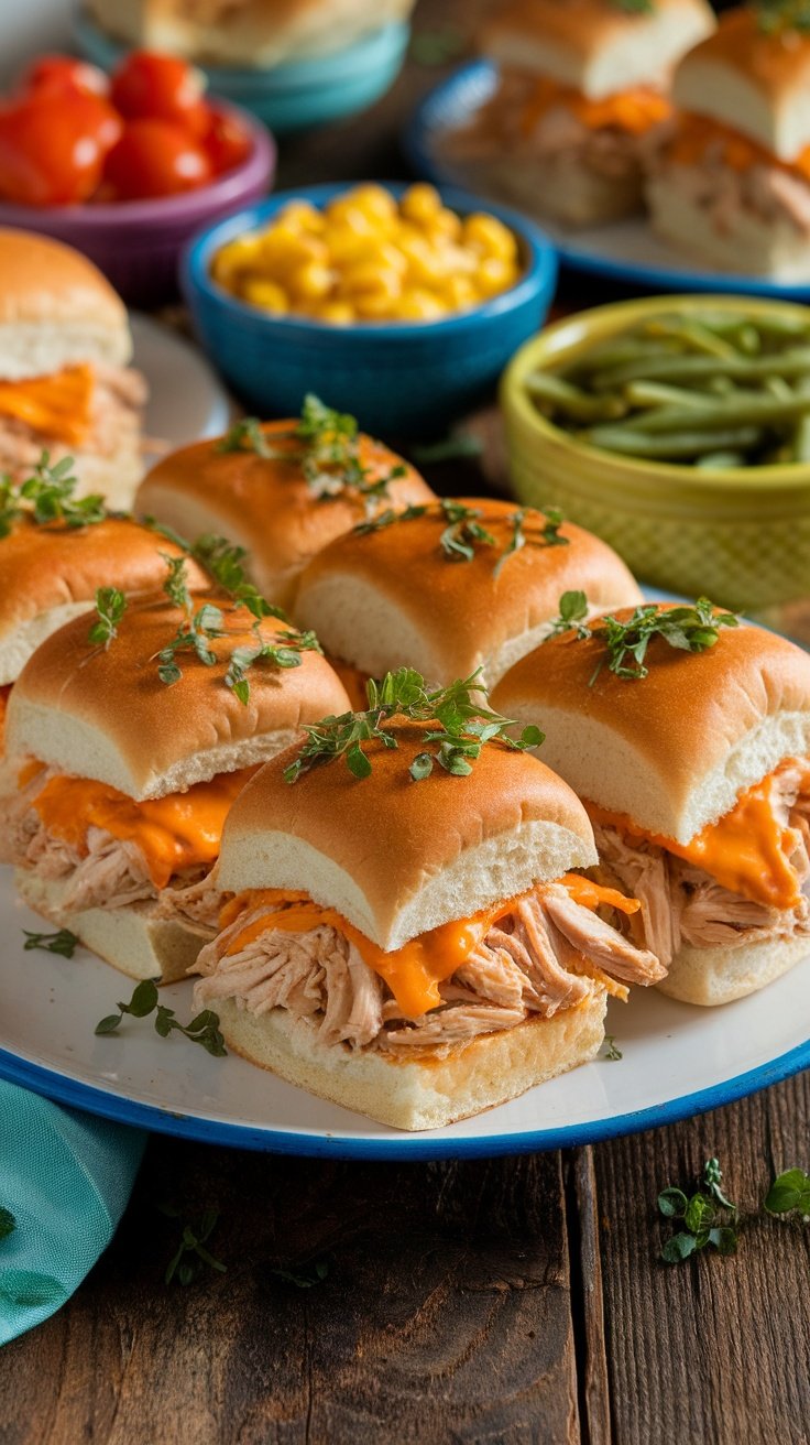 Delicious Shredded Chicken and Cheddar Sliders arranged on a platter.