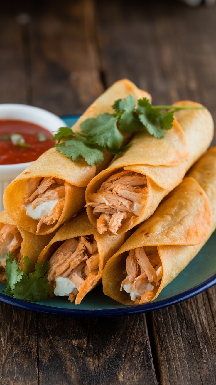A plate of shredded chicken and cream cheese taquitos, garnished with cilantro and a side of salsa.