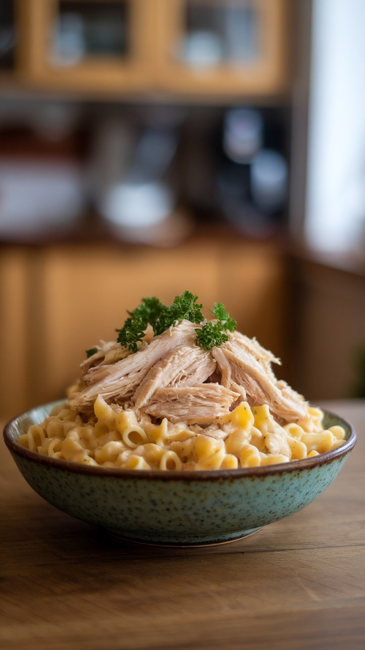 A delicious bowl of creamy garlic parmesan pasta topped with shredded chicken and parsley.