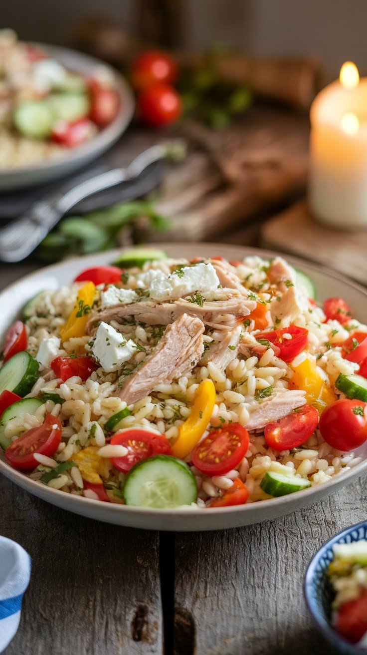 Shredded chicken and feta salad with orzo and vegetables