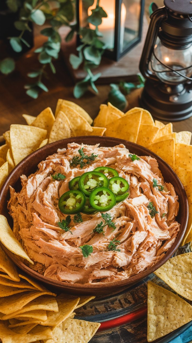 A delicious bowl of shredded chicken jalapeño popper dip surrounded by tortilla chips.