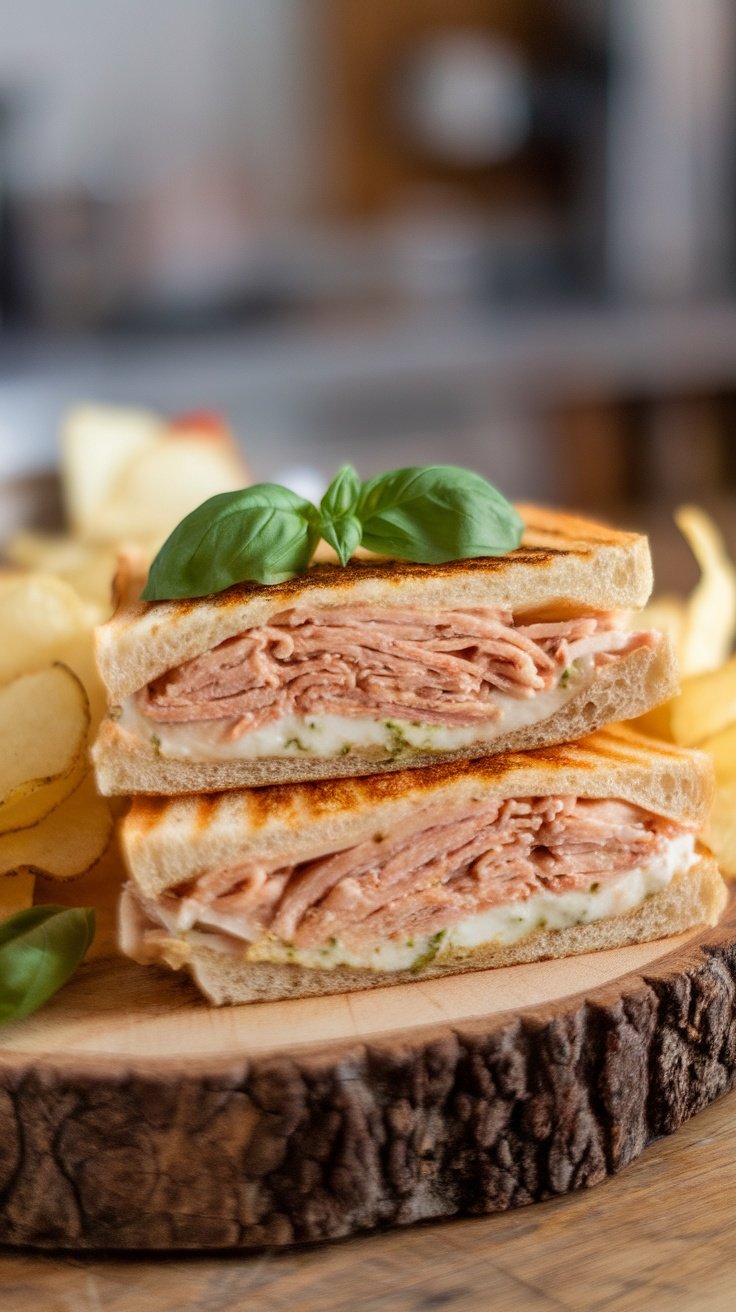 A delicious shredded chicken and mozzarella pesto panini, cut in half and served with chips.