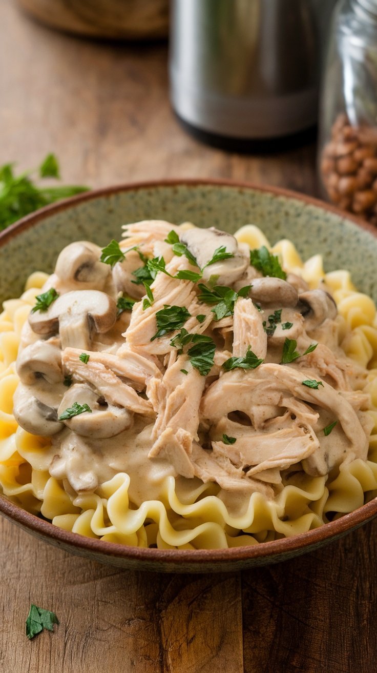 A bowl of shredded chicken and mushroom stroganoff served over egg noodles.