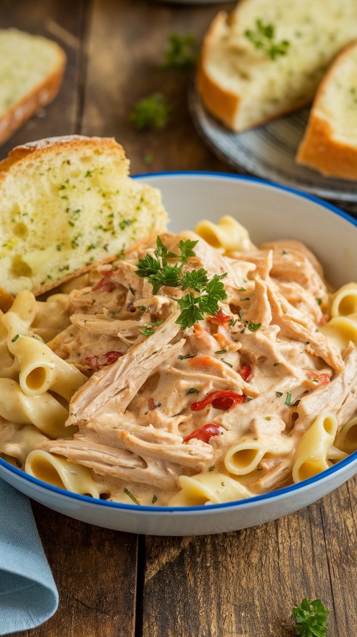 A delicious bowl of Shredded Chicken and Roasted Red Pepper Alfredo served with fettuccine and garlic bread.