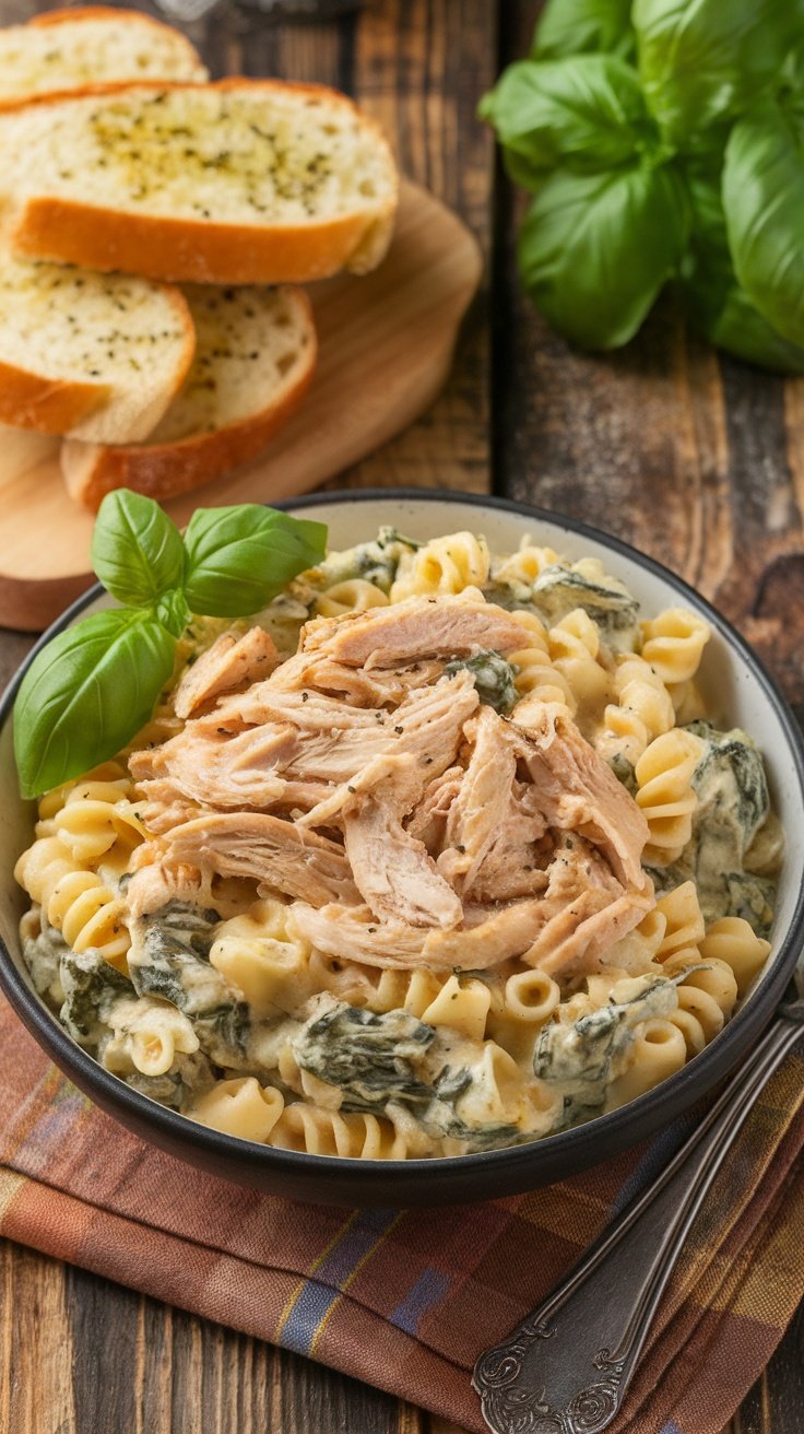 A bowl of shredded chicken and spinach artichoke dip pasta topped with basil, served with garlic bread