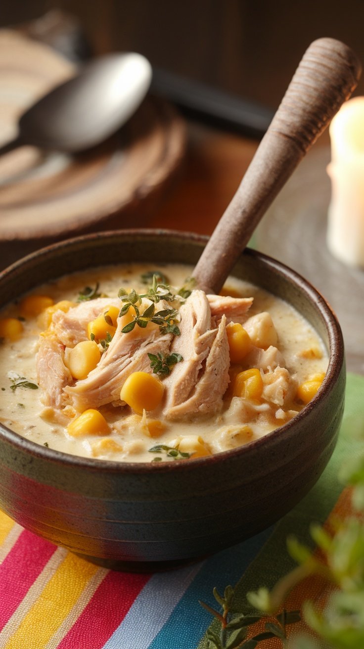 A bowl of creamy shredded chicken and sweet corn chowder garnished with herbs.