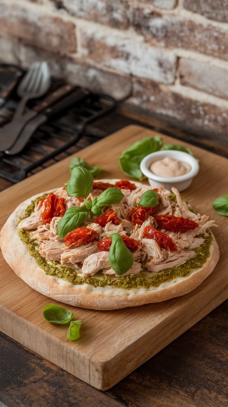 Flatbread topped with shredded chicken, pesto, sun-dried tomatoes, and fresh basil