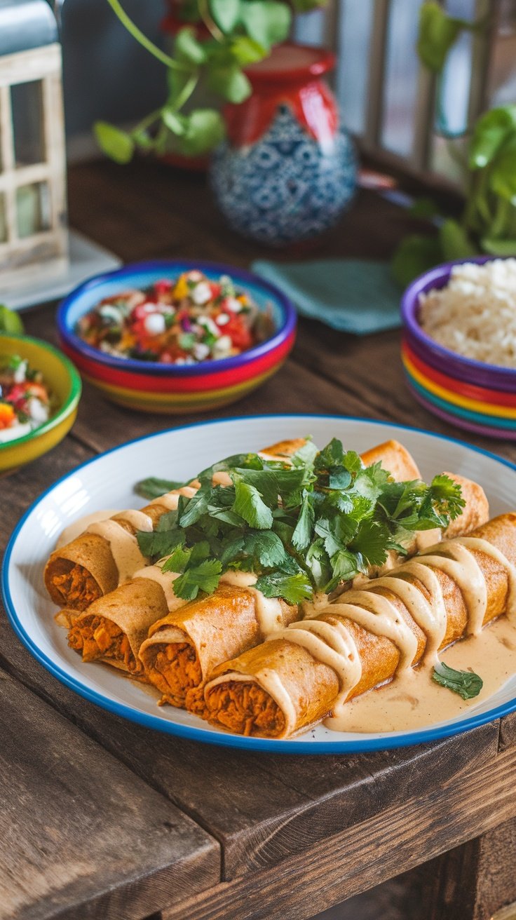 Plate of spicy chipotle shredded chicken enchiladas garnished with cilantro