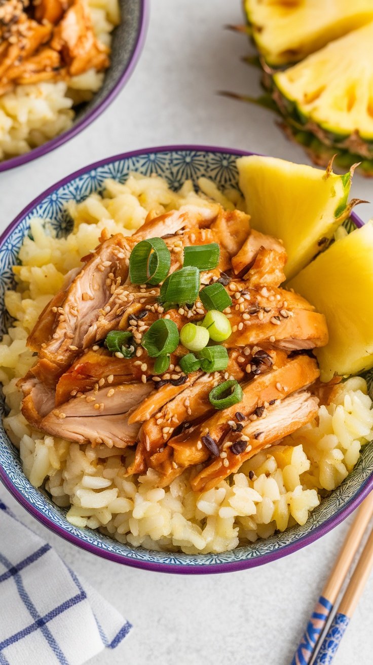 Teriyaki shredded chicken served in a bowl with pineapple and green onions